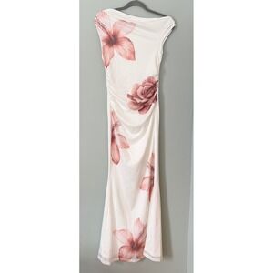 Off The Shoulder Asymmetrical Ruched Maxi Dress White Pink Floral Medium Tall